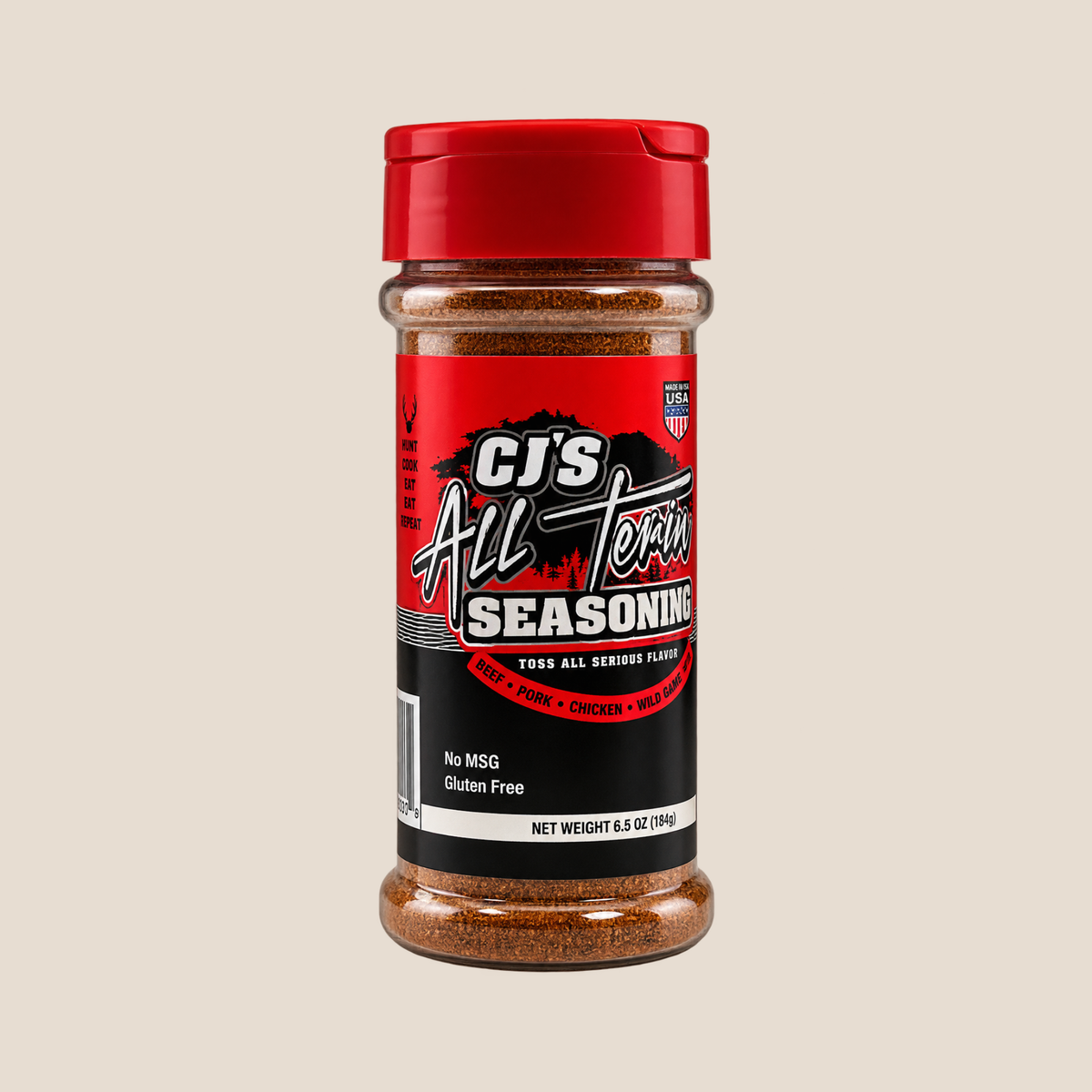 A bottle of CJ's All Terri Seasoning on a solid beige background. The seasoning bottle has a red cap, a red and black label with white lettering, and is filled with brown seasoning powder.