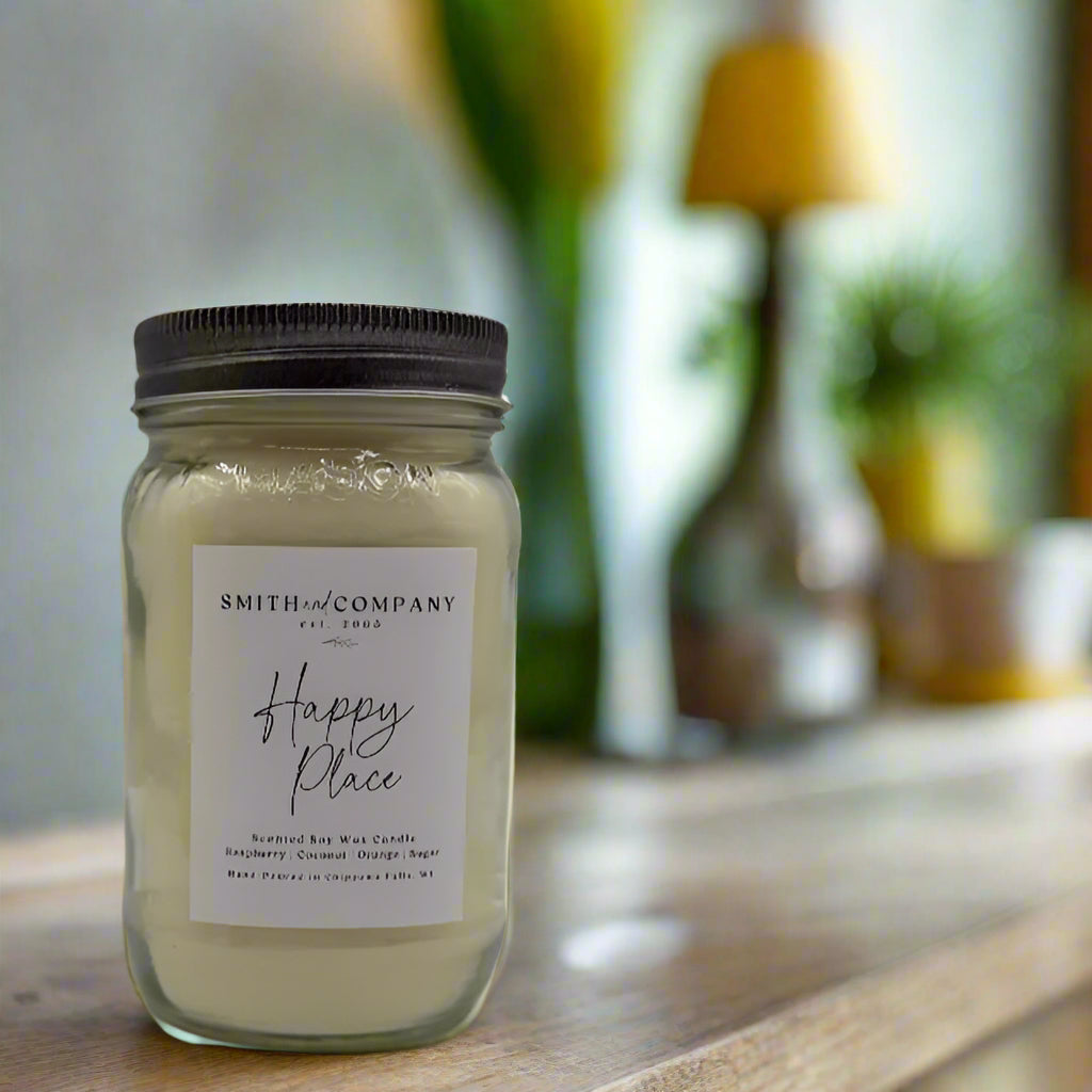 happy place candle in a mason jar