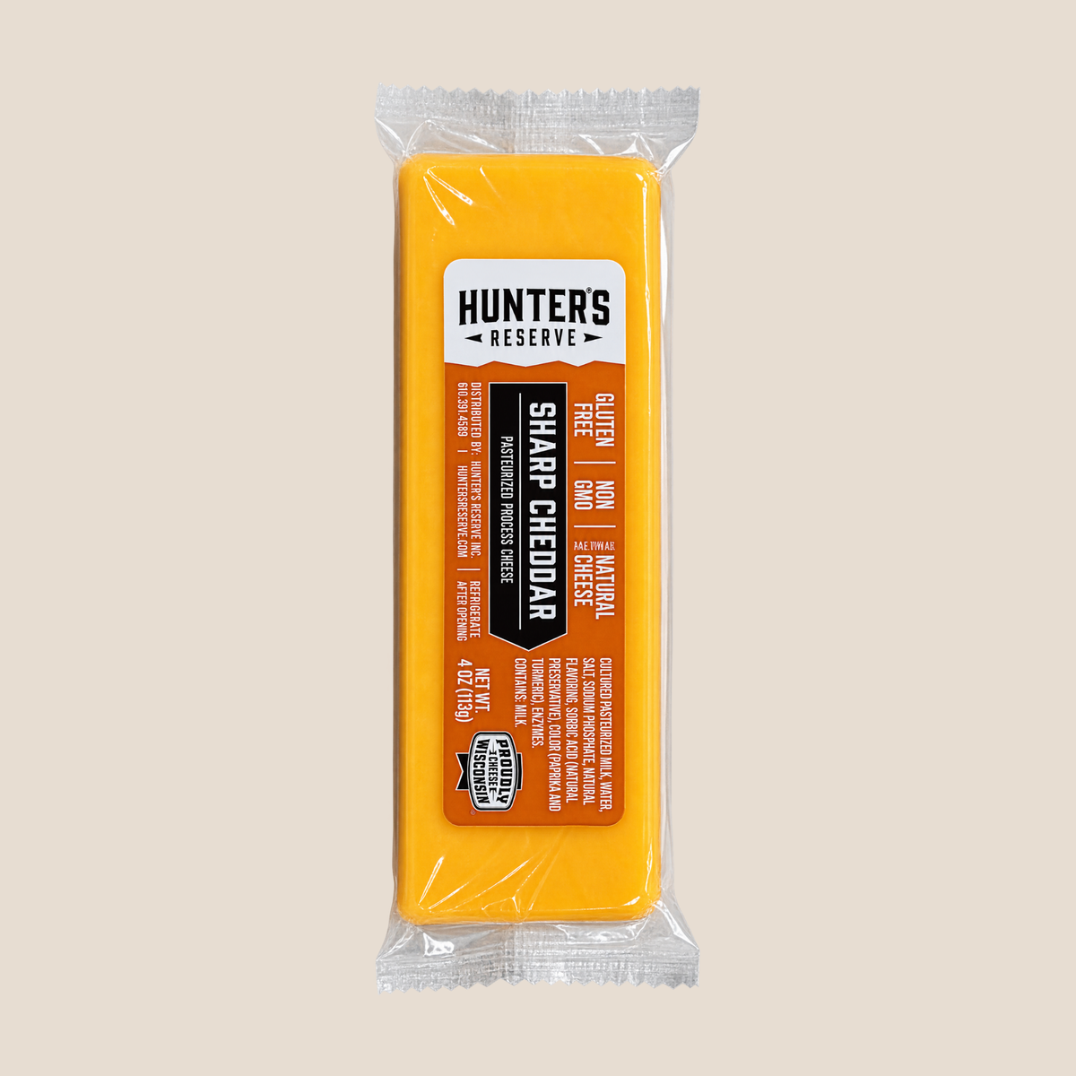 A packaged block of Hunter's Reserve Sharp Cheddar cheese in clear plastic wrapping, centered on a light beige background.