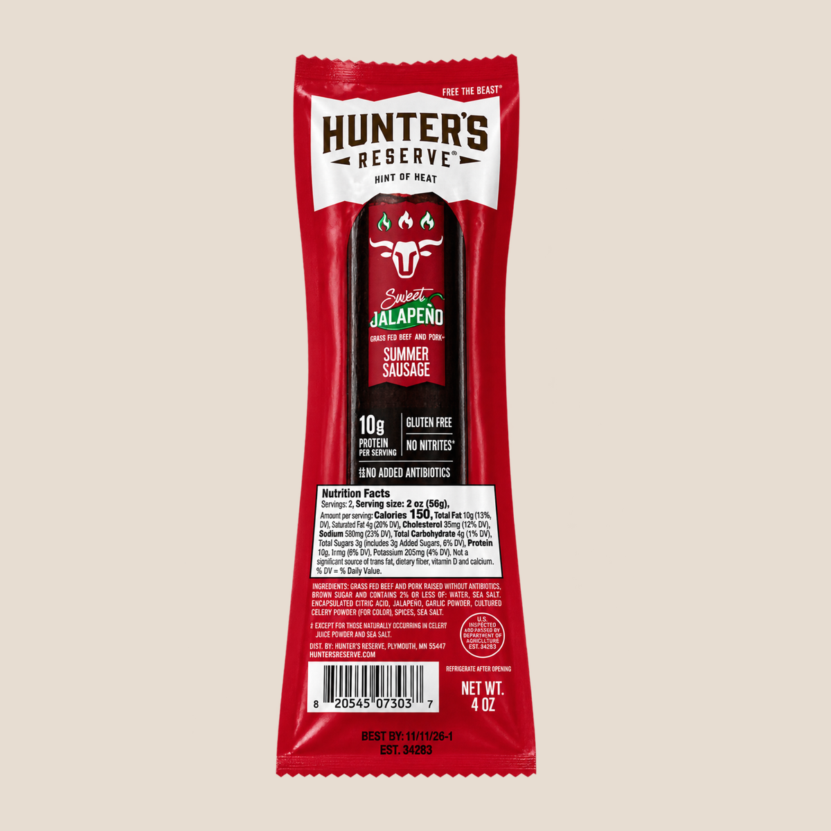 Hunter's Reserve Jalapeño Summer Sausage snack stick in a red wrapper with white and black text, photographed on a plain light beige background.