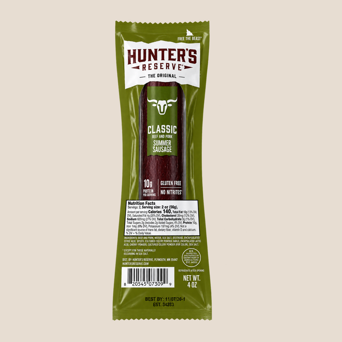 Hunter's Reserve Classic Smoked Sausage stick in its original olive green packaging, shown against a solid light beige background.