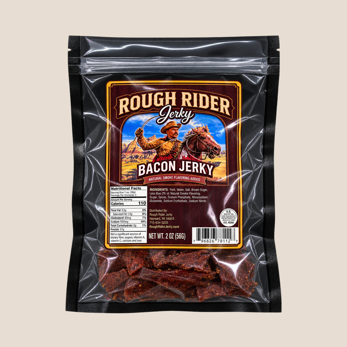 A 2 oz bag of Rough Rider Jerky Bacon Jerky, featuring a clear plastic stand-up pouch with a black border and a prominent western-themed label. The label shows a cowboy on horseback against a desert landscape.