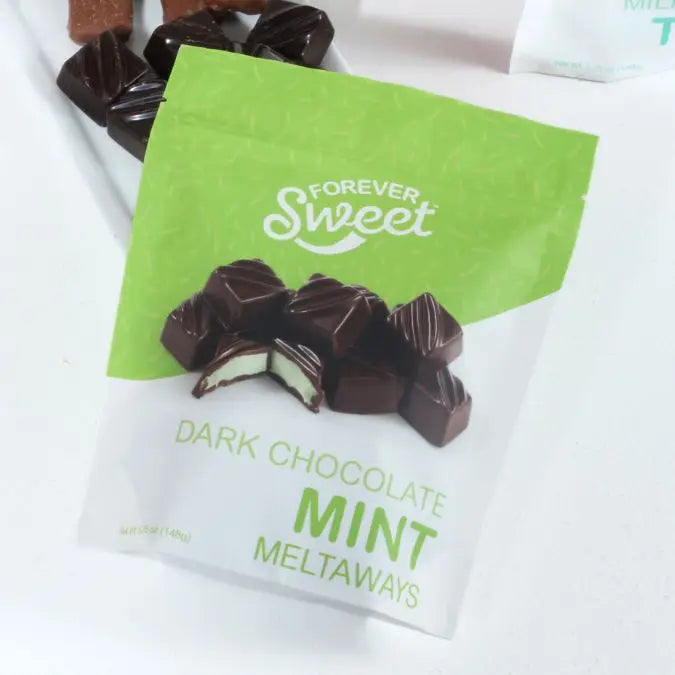 Pack of Forever Sweet Dark Chocolate Mint Meltaways with a green and white packaging.