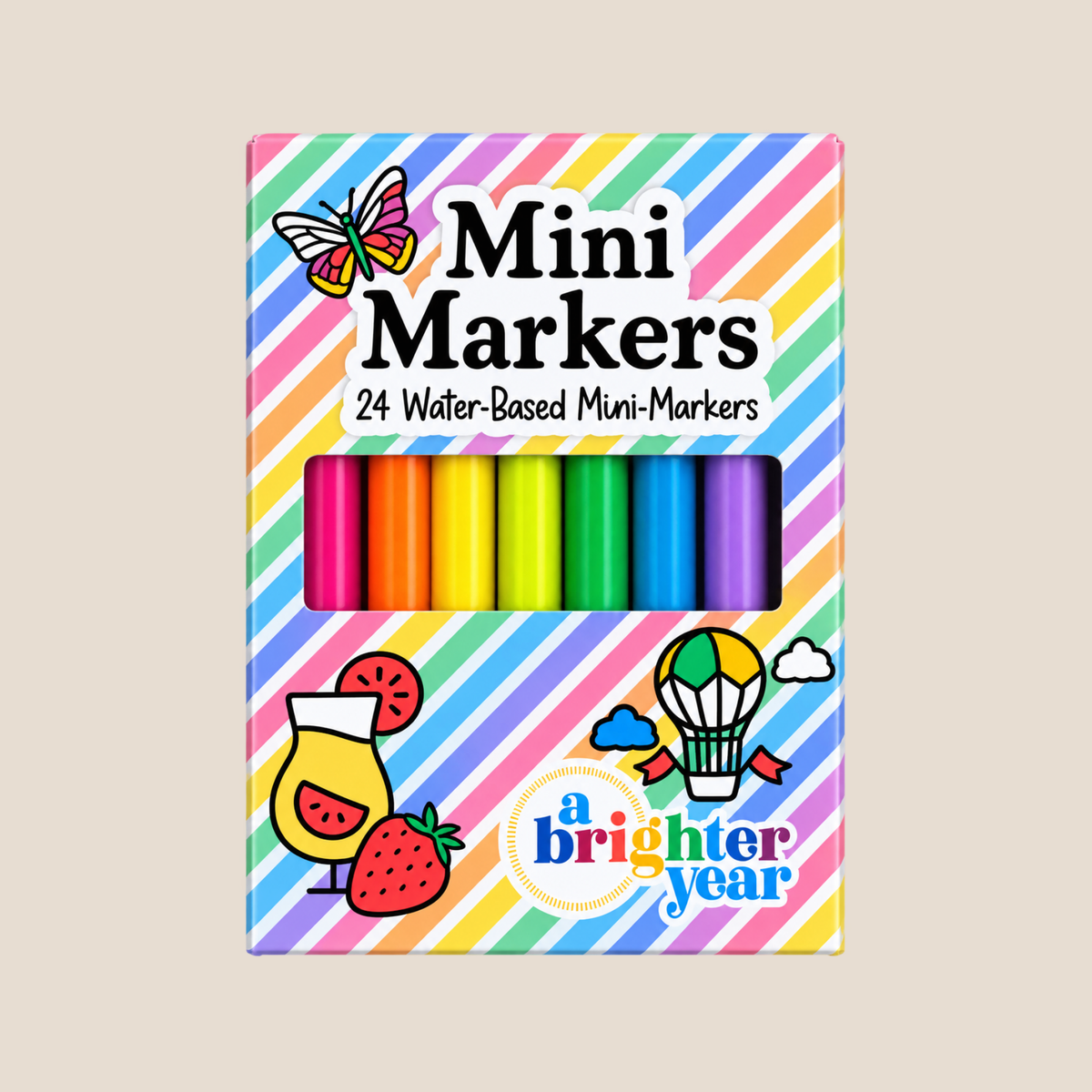 A box of water-based mini markers with 24 colorful markers visible through a clear window on the front. The packaging has a rainbow diagonal stripe pattern and illustrations of a butterfly, a drink with a watermelon slice, a strawberry, and a hot air balloon.