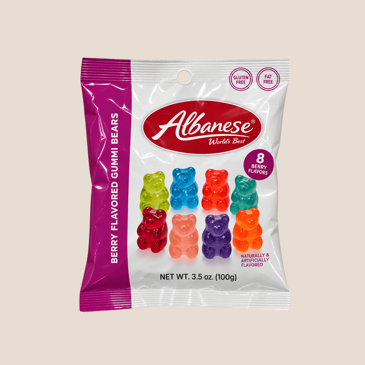 A 3.5 oz bag of Albanese World Best Berry Flavored Gummy Bears, featuring a white and purple package with illustrations of eight colorful gummy bears on a light beige background.
