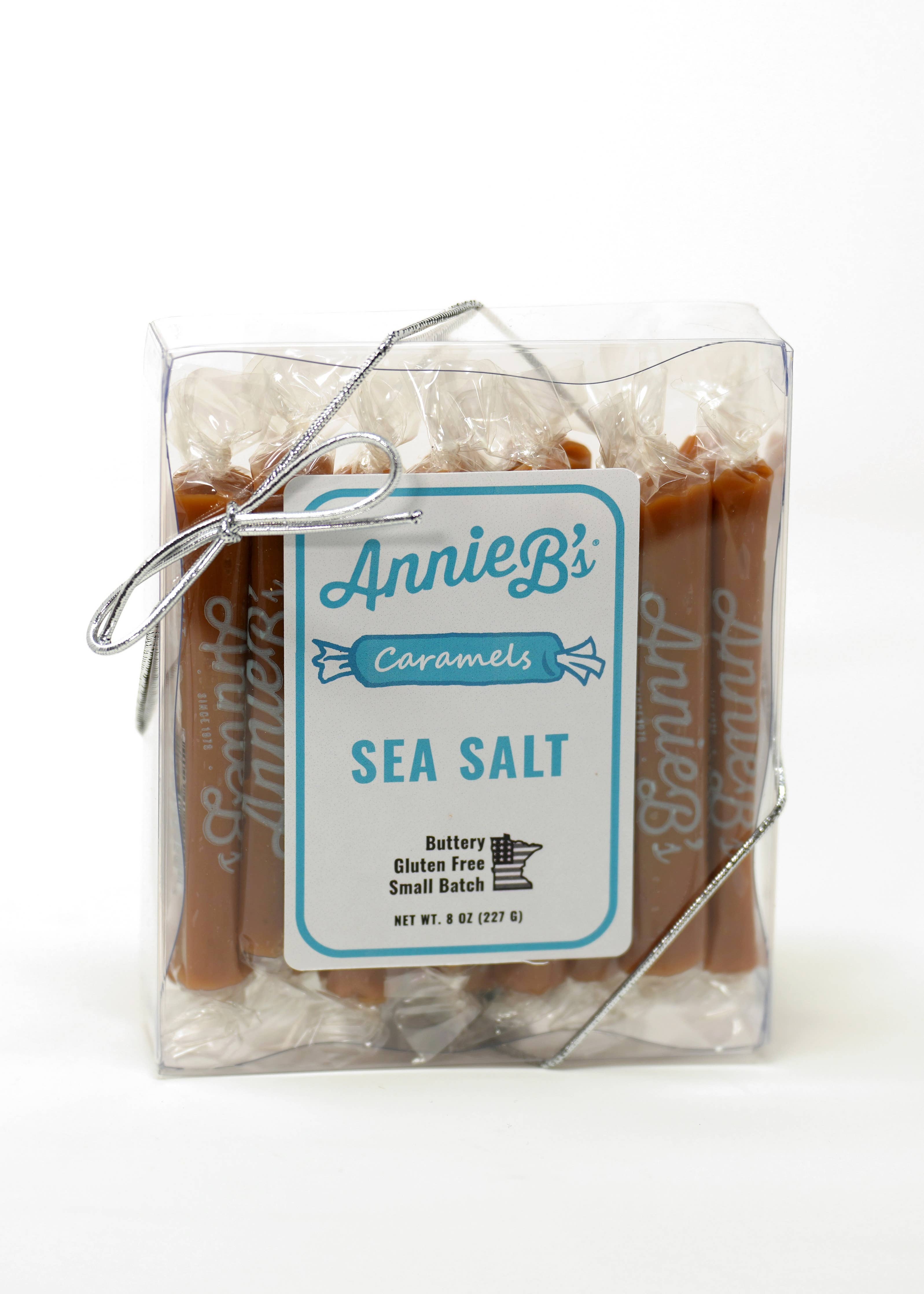 Packaged sea salt caramels with Annie's Caramels label on a white background