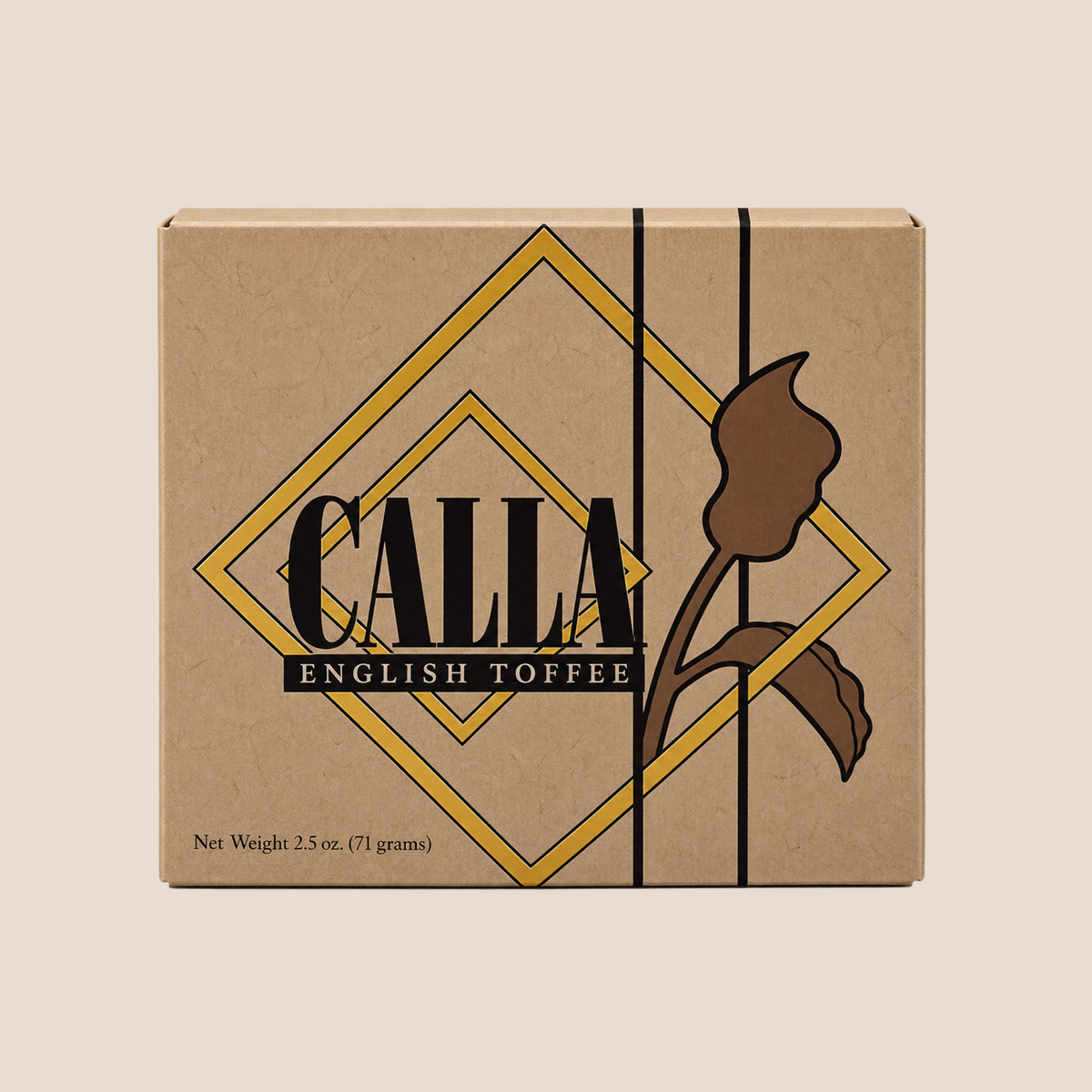 A square kraft paper box of Calla English Toffee, featuring a gold diamond graphic, black text, and a brown stylized toffee bean illustration on a light beige background.