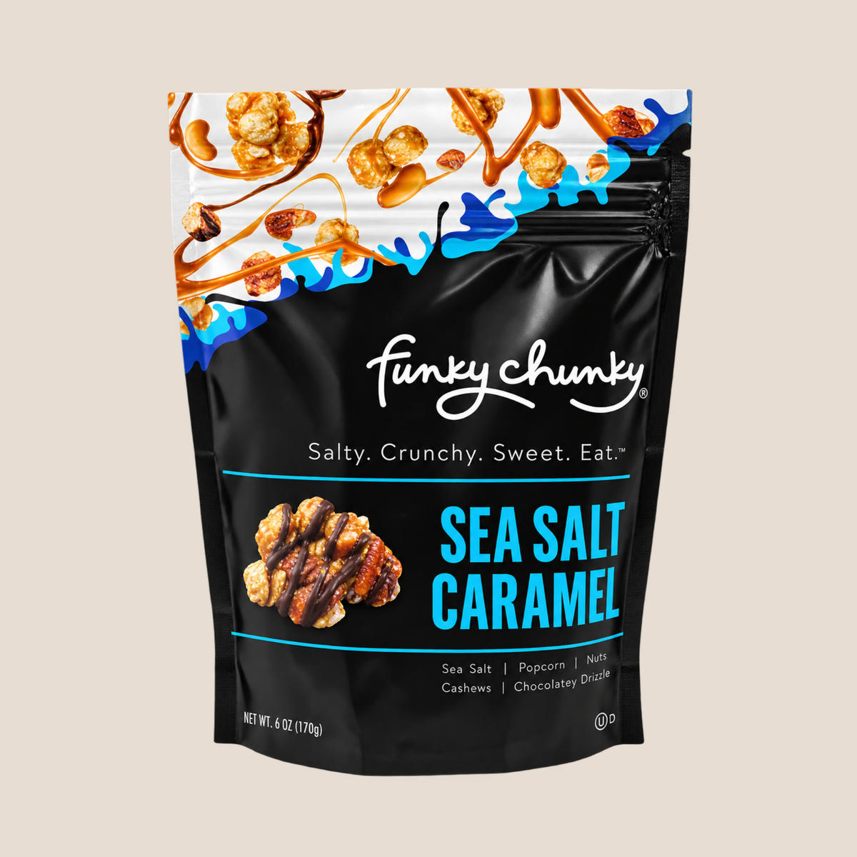 A stand-up pouch of Funky Chunky Sea Salt Caramel snack mix on a solid light beige background. The packaging is primarily black with a white script logo, bright blue text, and a top section showing caramel-coated nuts and drizzles of caramel and sea salt.