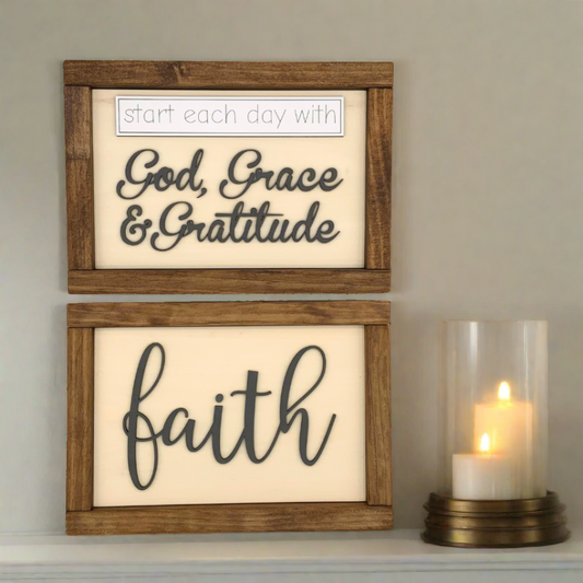Wooden Double Sided Sign - God, Grace, Gratitude / Faith