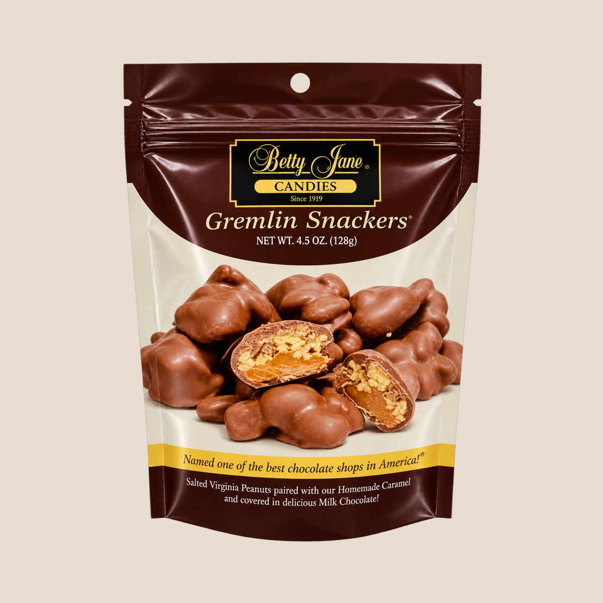 A stand-up resealable pouch of Betty Jane Candies Gremlin Snackers, featuring a dark brown and cream design with a photo of milk-chocolate-covered peanuts on the front, set against a solid light beige background.