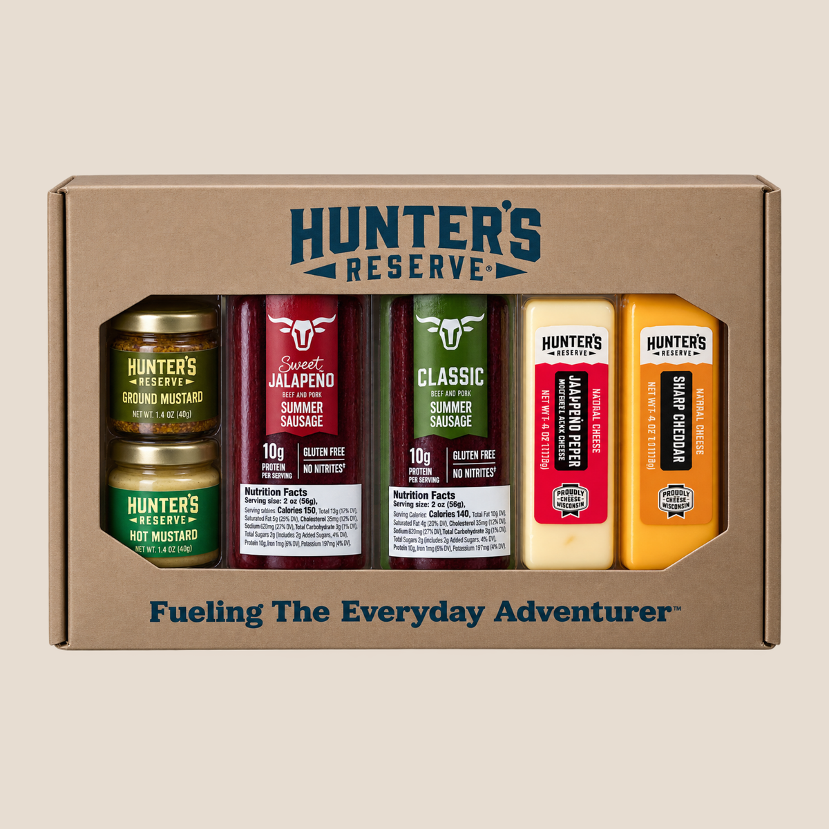 Hunter's Reserve gourmet food gift set in a brown cardboard box, featuring two small mustard jars and four sausage cheese sticks in colorful packaging, on a light beige background.