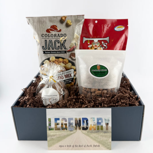 Gift box with snacks and a card labeled 'Legendary' on a white background