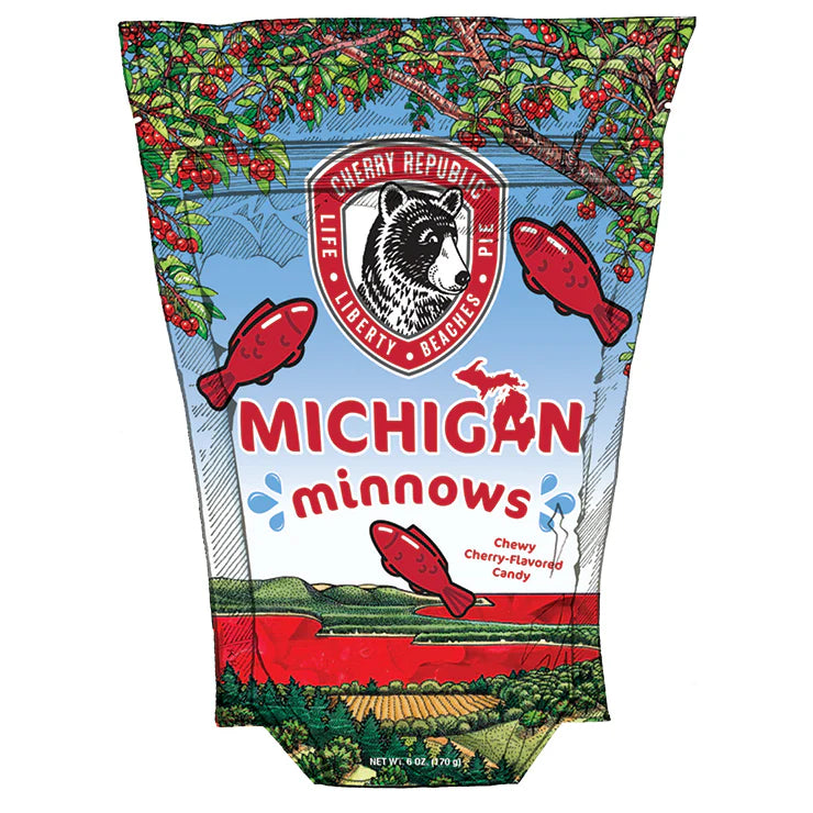Candy package with 'Michigan Minnows' branding and cherry-themed design.