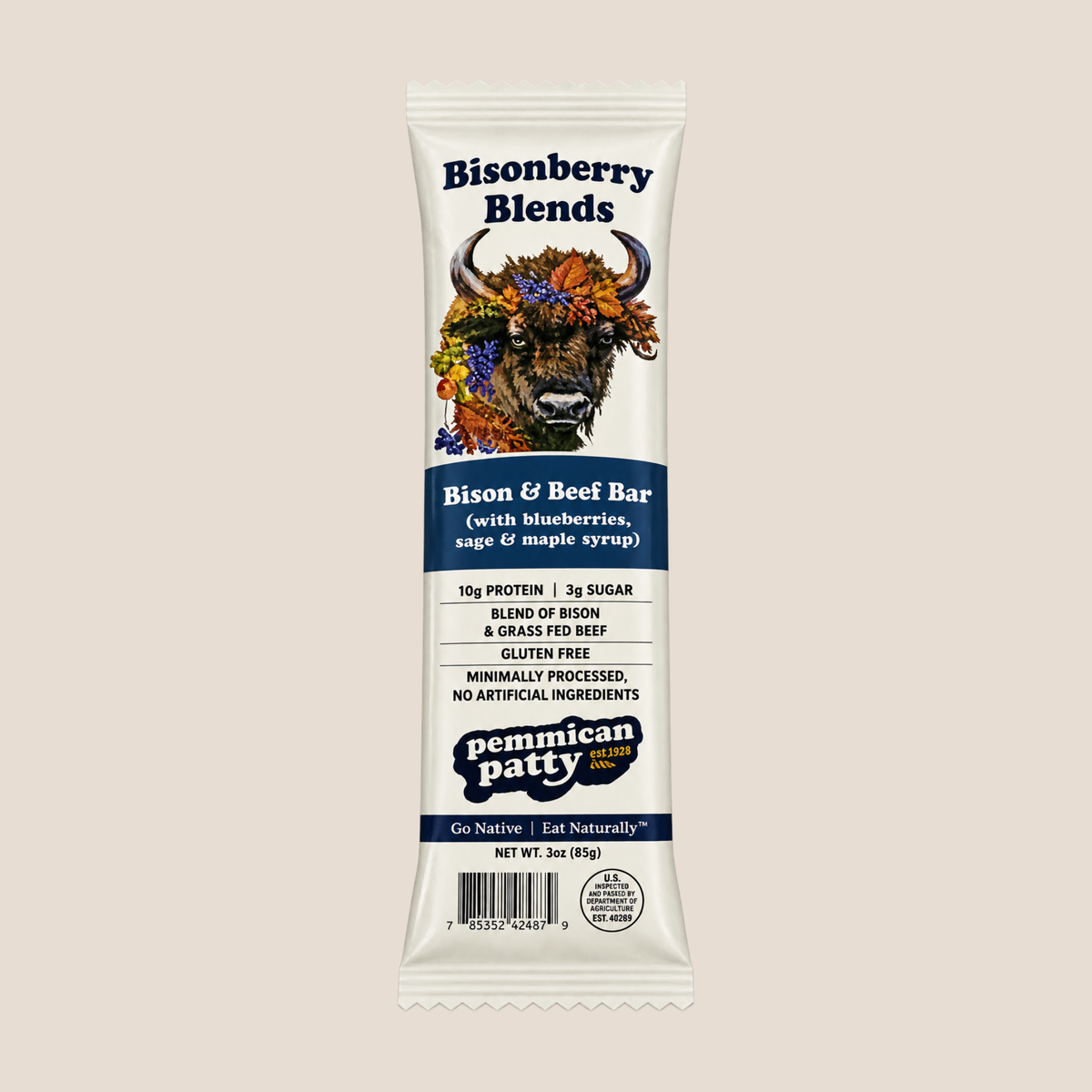 A single packaged snack bar on a plain light beige background. The package is a white foil wrapper with dark blue text and graphics, featuring the brand name Bison Blends and the product name Bison & Beef Bar, plus an illustration of a buffalo head with flowers.