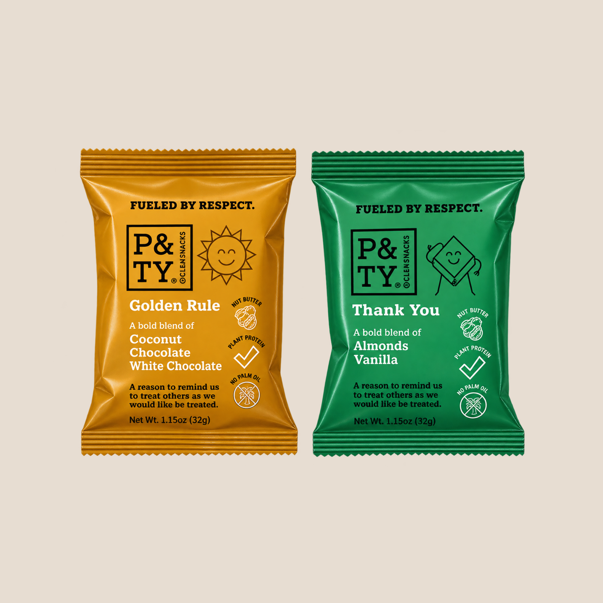 Two P&TY snack pouches shown side by side on a light beige background. The left pouch is golden brown with 'Golden Rule' coconut chocolate white chocolate, and the right pouch is green with 'Thank You' almond vanilla.
