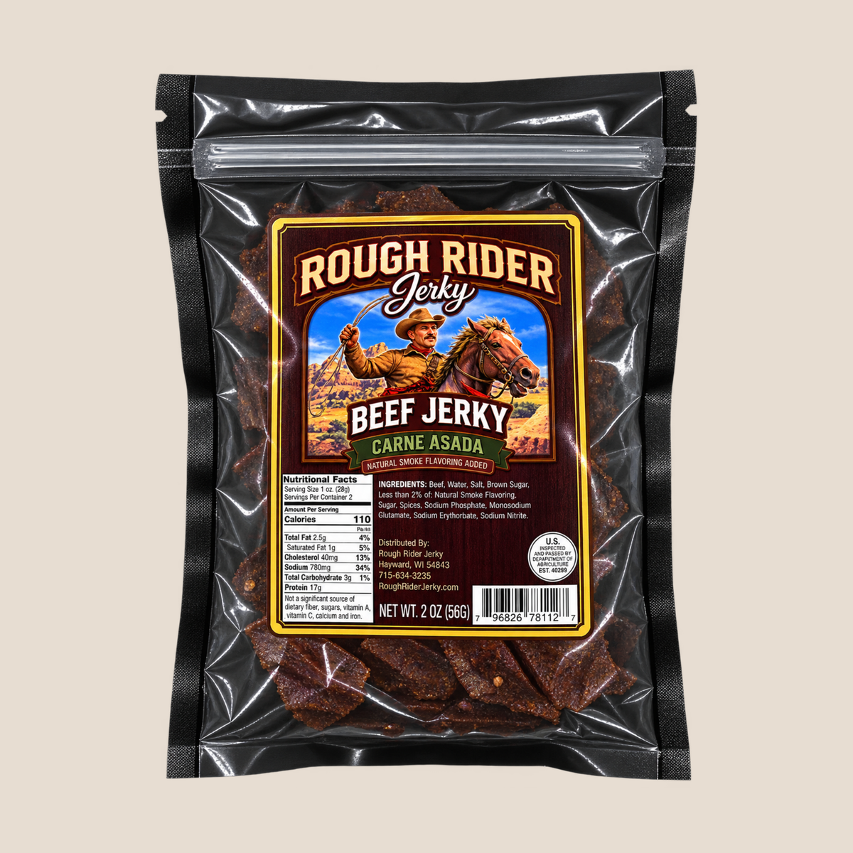 A 2 oz bag of Rough Rider Beef Jerky (Carne Asada) on a solid light beige background. The product is packaged in a clear, resealable black plastic bag showing the dark reddish-brown jerky pieces inside, with a prominent label featuring a cowboy on a horse.