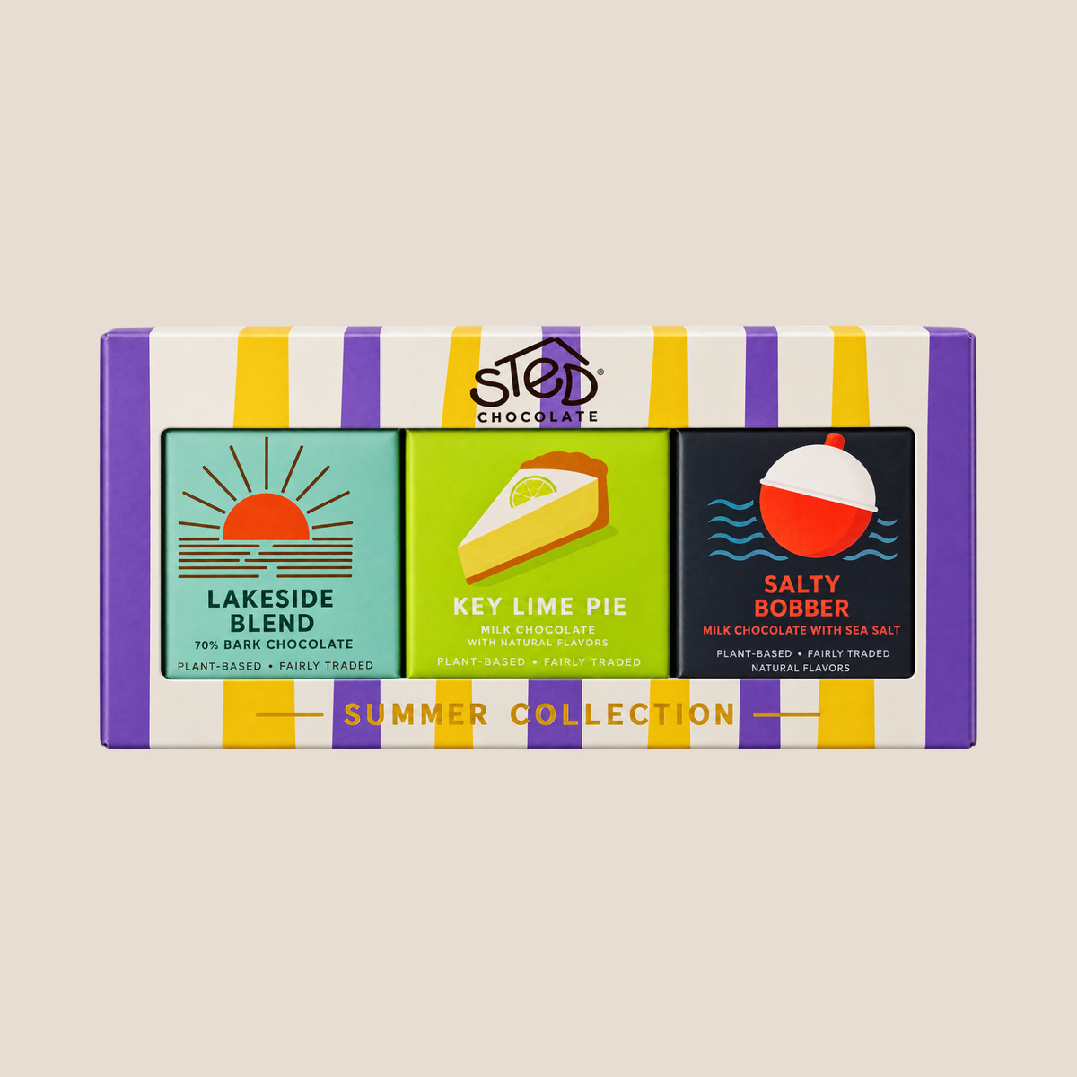 A boxed chocolate collection labeled 'STOP CHOCOLATE' and 'SUMMER COLLECTION' with three flavor panels visible: Lakeside Blend, Key Lime Pie, and Salty Bobber. The package has purple, white, and yellow vertical stripes and is photographed on a plain warm beige background.