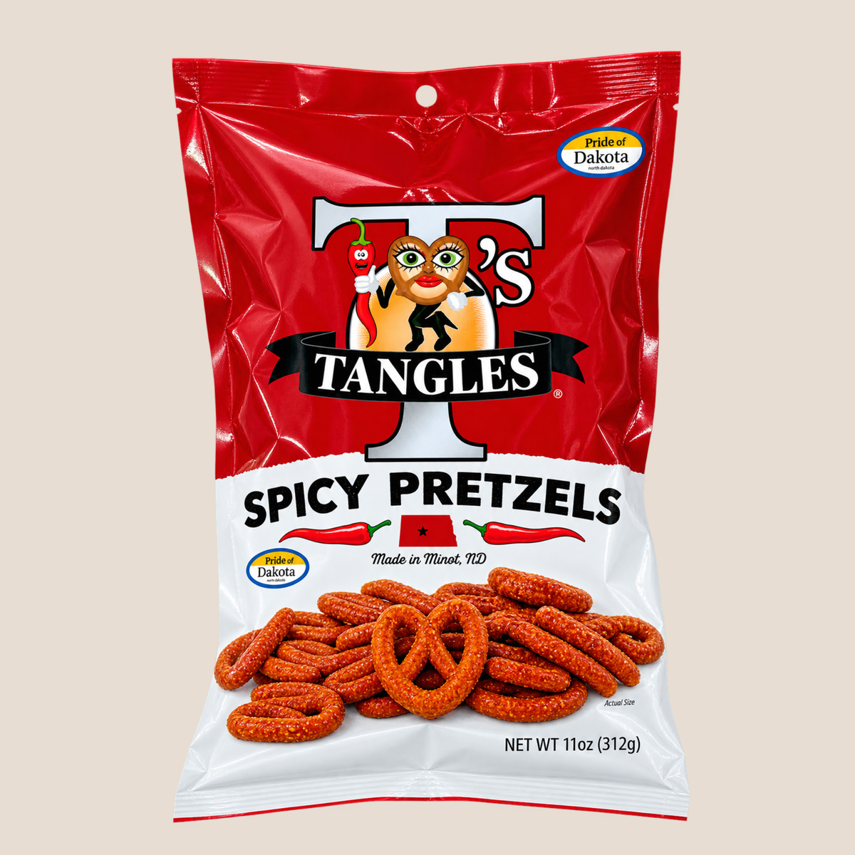 A 11 oz bag of Tangles Spicy Pretzels from Dakota, featuring a red and white packaging design with the brand's mascot and an illustration of the spicy orange-red pretzels inside.