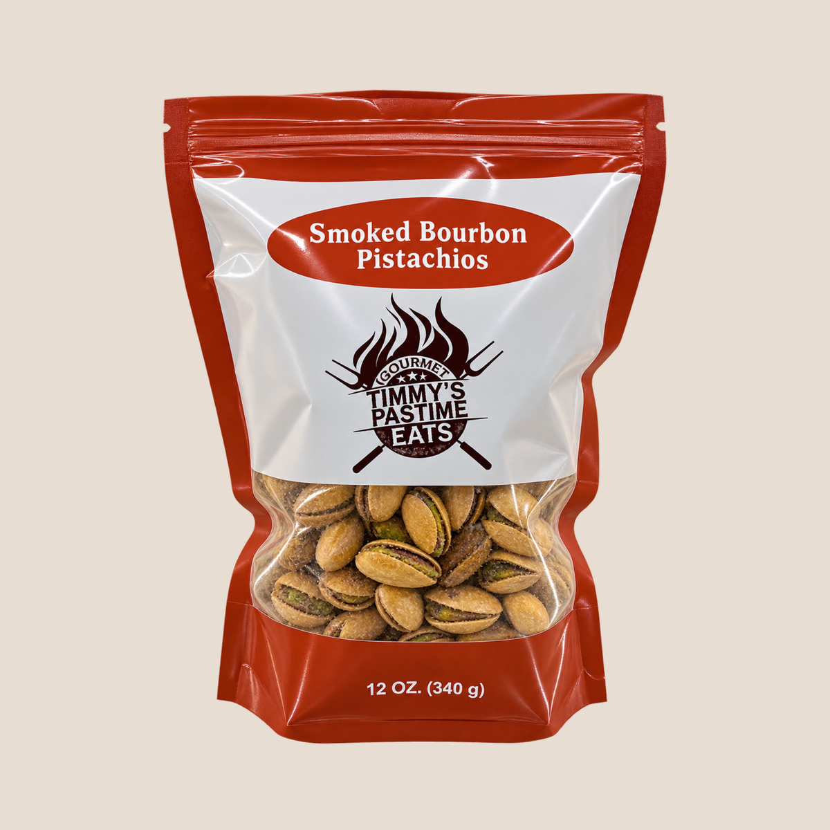 A 12 oz bag of Southern Timmy's Pastime Eats Smoked Bourbon Pistachios, featuring a red and white resealable pouch with a clear window showing the pistachios inside, set against a solid beige background.
