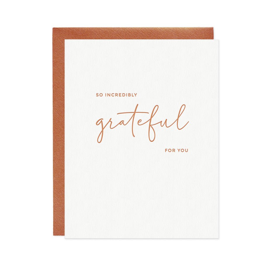 White 'So Incredibly Grateful For You' card with rust envelope