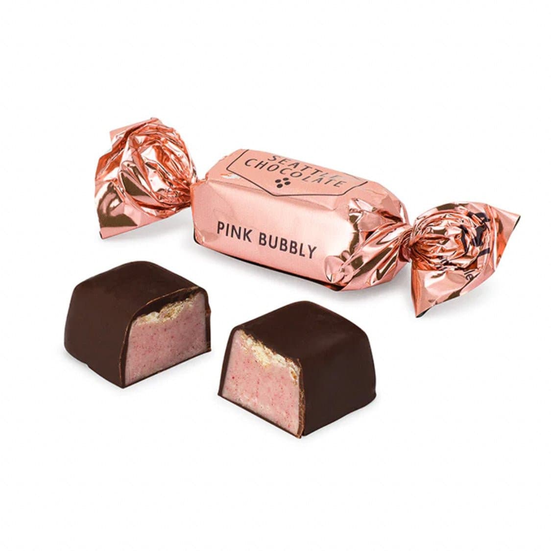 Individual pink bubbly chocolate truffles from Seattle Chocolate